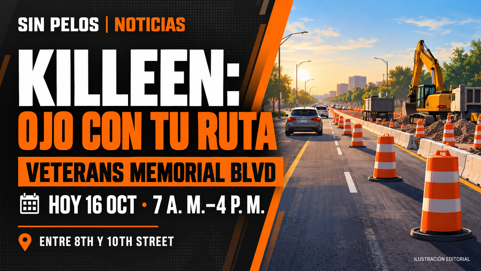 Killeen: cierre de carril hoy en Veterans Memorial Boulevard, de 7 a. m. a 4 p. m.